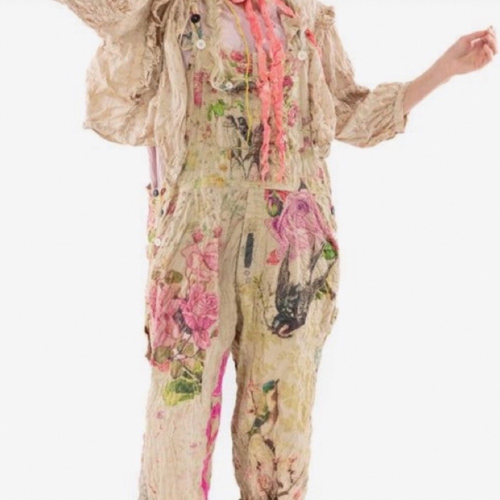 Magnolia Pearl Women Floral Bird Patchwork Cotton Overalls Love Graphic One Size